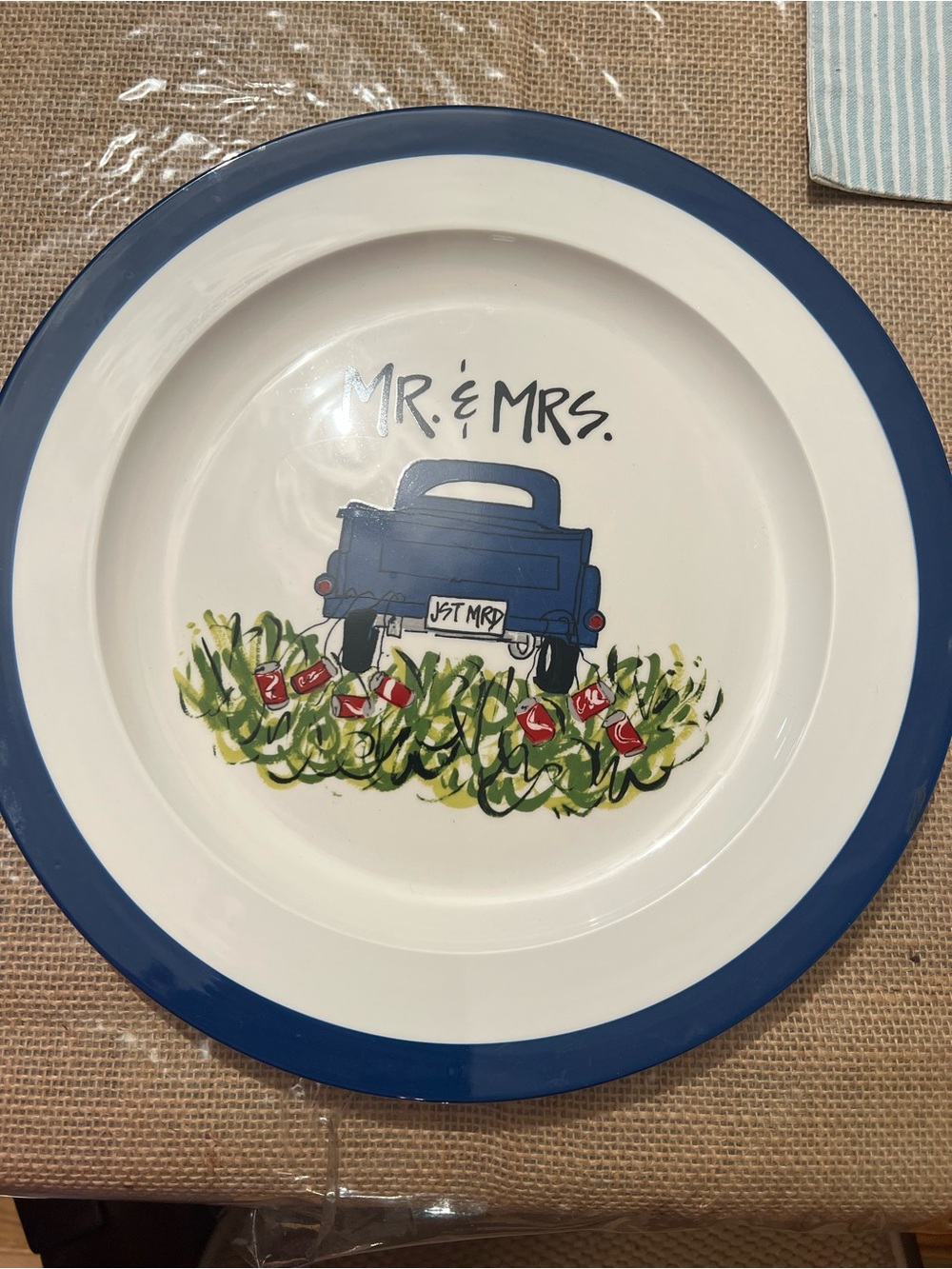 “JST MRRD" on the license plate and "MR. & MRS Hand Painted Tricia Lowenfield
